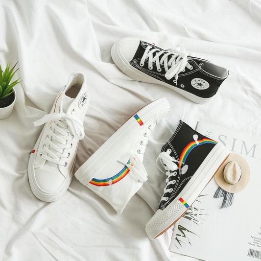 Rainbow high-top canvas shoes students breathable all-match college wind shoes ins casual shoes