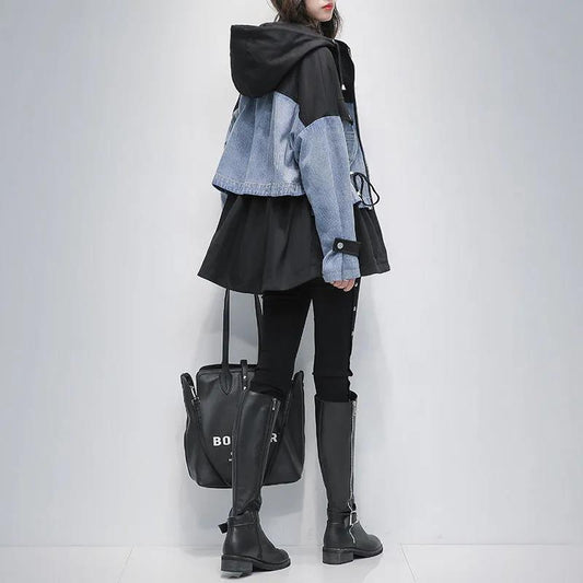Autumn New Plus Size Women's Mid-length Hooded Windbreaker Women's Waist Slimming Stitching Denim Jacket Women's Parker