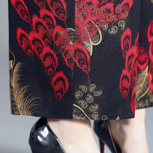 Cotton Silk Pocket Wide-leg Pants, Floral Pants, Nine-point Casual High-waist Rayon Trousers
