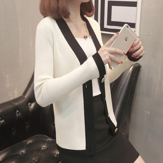 Spring and Autumn Knitted Cardigan Sweater All-match Long-sleeved Slim Jacket Fashion Simple Female Top