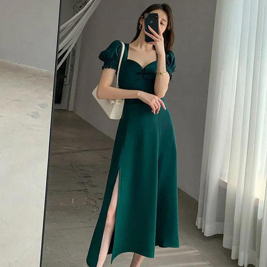 Women's Summer Solid Color Skirt Puff Sleeve Dress Square Collar Midi Skirt