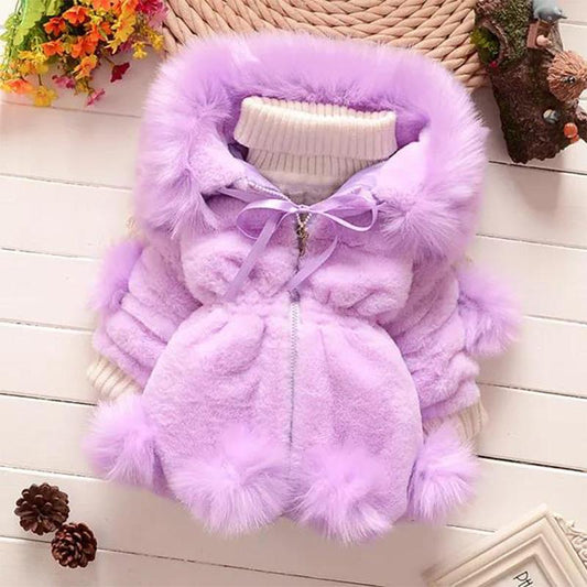 Girls' Winter Padded Wool Sweater Jacket Children's Fur Collar Cotton-padded Jackets Girl's Winter Fur Plus Velvet Padded Jacket