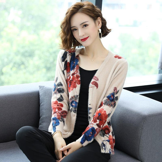 Autumn Winter Artificial Mink Cashmere Printed Knitted Cardigan Women's Short Sweater Coat Long-sleeved Loose Knitted Jacket