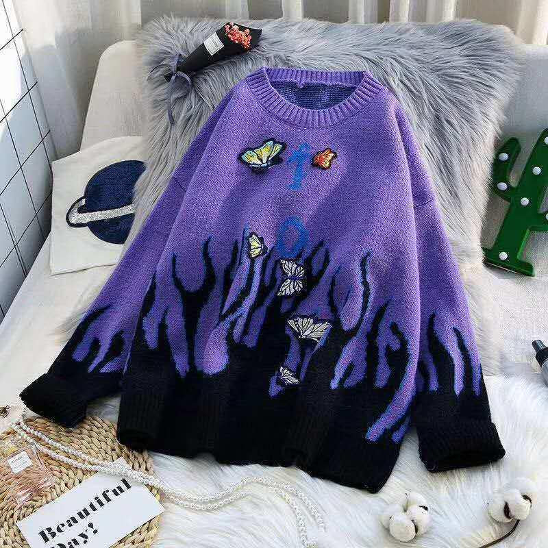 Women Flame Butterfly Embroidery Knit Sweater Loose Casual Sweater Warm Pullover Sweater Coat Outer Wear Autumn Winter