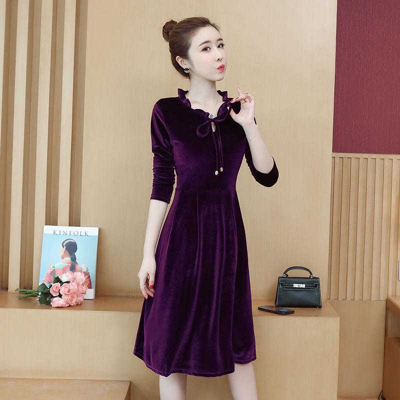 Women's Long Sleeve Thin Dress Wild Large Size Waist Bottoming Skirt Autumn Winter Dress