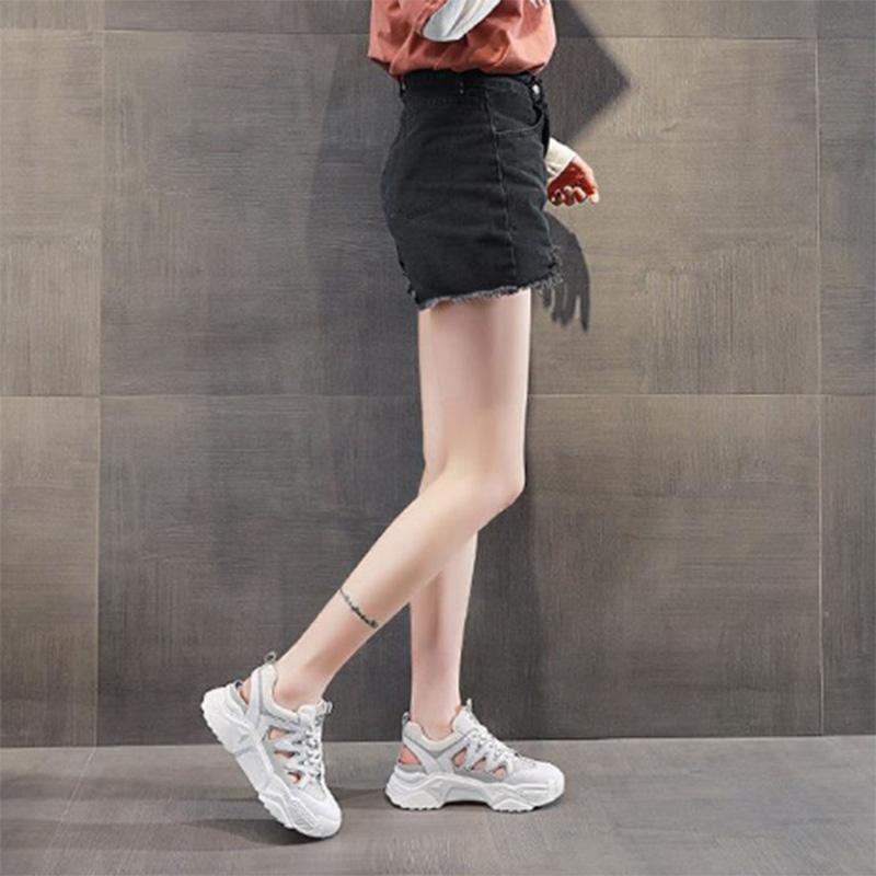 Hollow Dad Shoes Summer Models Breathable Solid Color High-heeled Women's Thick-soled Lace-up Casual Sports Shoes Women