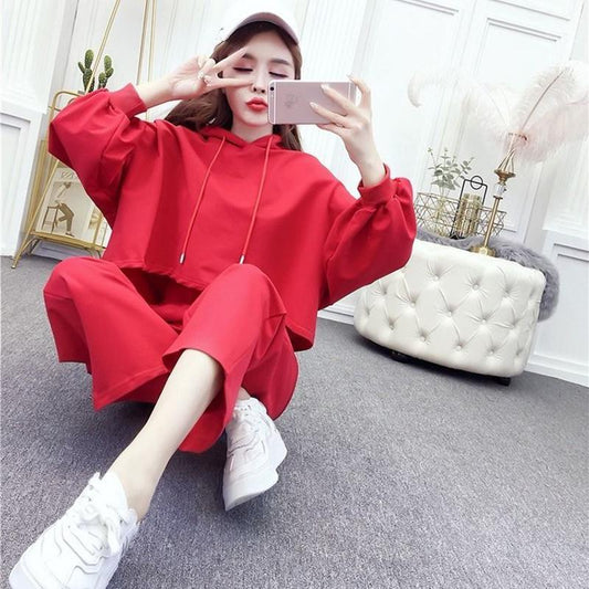 Casual Sports Suit Women's Hooded Sweater Loose Wide-leg Pants Two-piece Sports and Leisure Suit Women Were Thin and Tall