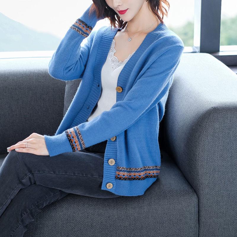 Spring and Autumn Color Jacket V-neck Long-sleeved Sweater Fashion Cardigan Urban Women's Top