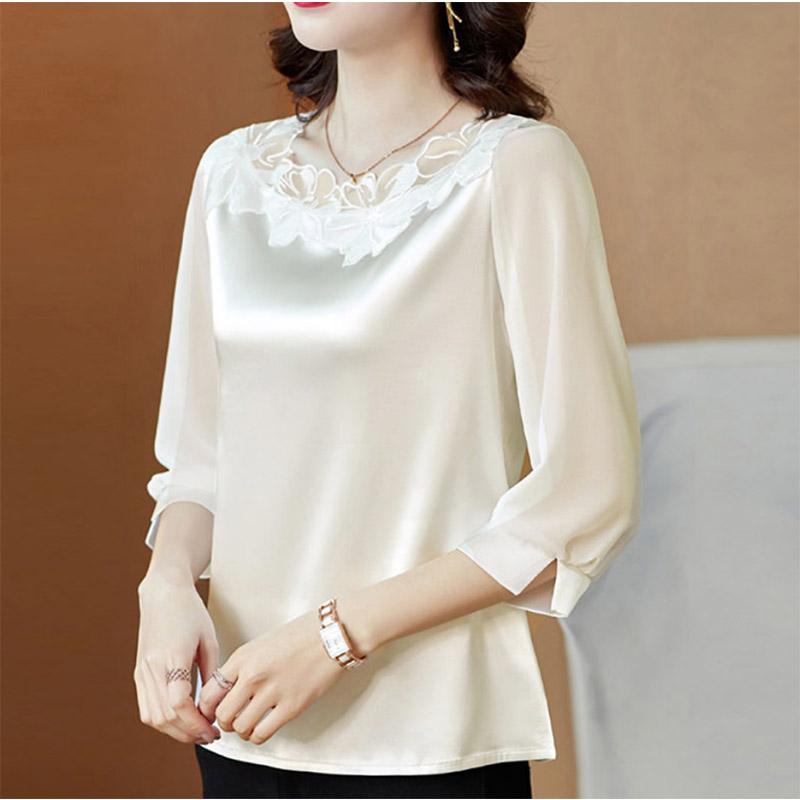 Three-quarter Sleeves Plus Size Chiffon Top Women's Embroidered Loose Round Neck Satin Mother's Belly Cover Shirt