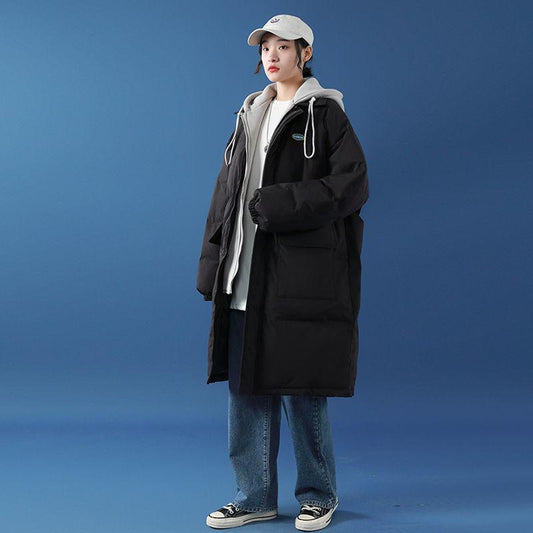 Winter Padded Jacket Female Student Korean Style Loose Mid-length Fake Two-piece Bread Suit Ins Hooded Cotton-padded Jacket