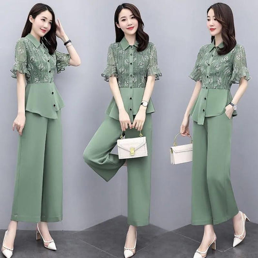 Suit Women's Temperament Is Thin Ladies Stand-up Collar Shirt Wide-leg Pants Two-piece Chiffon Suit Elegant Temperament Work Wearable