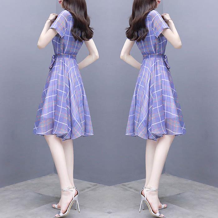 Pofulove S-3XL Women O-neck Chiffon Plaid Dress with Belt Slim Sexy Short-sleeved Long A-line Dress
