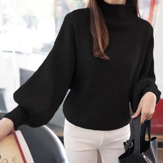 Autumn and Winter Half High Neck Lantern Sleeve Top Short Knitted Solid Color Sweater Slim Pullover Sweater Fashion Jacket