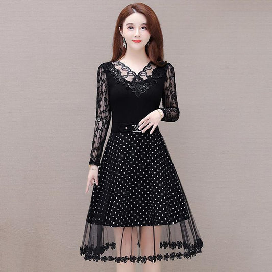 Spring and Summer Black V-neck Lace Stitching Dress Mesh Large Size Waist Skirt A-line Dress Covering Belly Mid Skirt