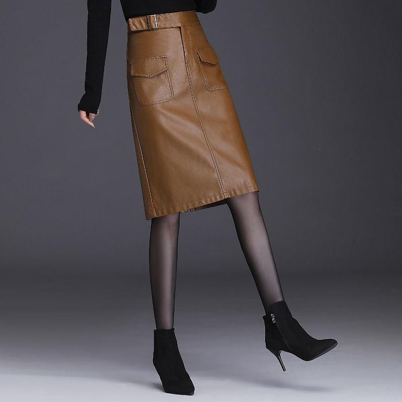Female Autumn Winter Leather Skirt High Waist Slim Wrap Skirt PU Leather Knee-length Bodycon Pencil Skirt