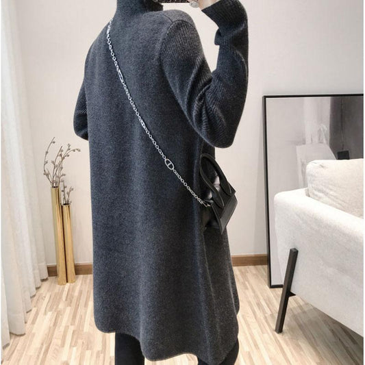 Autumn and Winter Mid-length Casual Sweater Half High Neck Thick Pullover Blouse Knitted Loose Women Sweater Dress