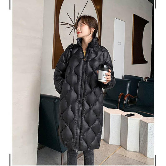 Women's Mid-length Cotton-padded Jacket with Stand-up Collar and Winter Shiny Face Over The Knee
