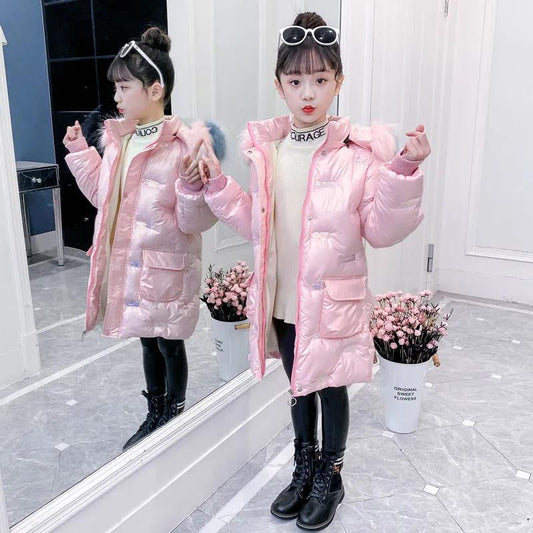Girls' Winter Coat Plus Velvet Thick Mid-length Cotton Jacket Glossy No-wash Windproof and Warm Quilted Jacket