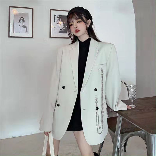 Suit Jacket Women's Trendy Dark Black Retro Loose And Thin Fried Street Suit Jacket Women 2022 Spring And Autumn Loose Coat