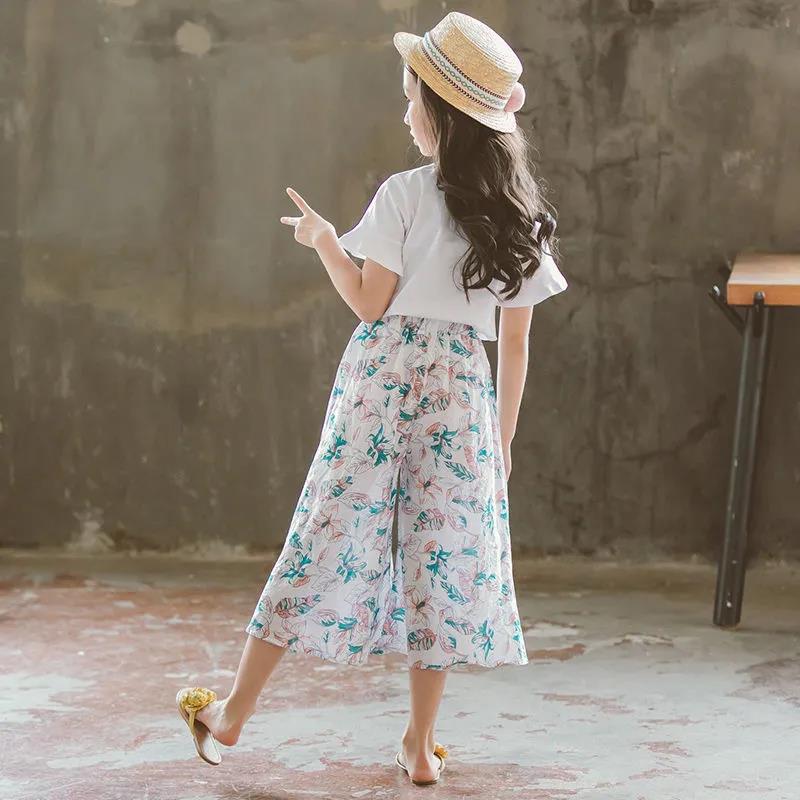 Girls Summer Dress Girls Skirt Pants Suit Medium and Large Children's Short-sleeved Wide-leg Pants Casual Two-piece Suit