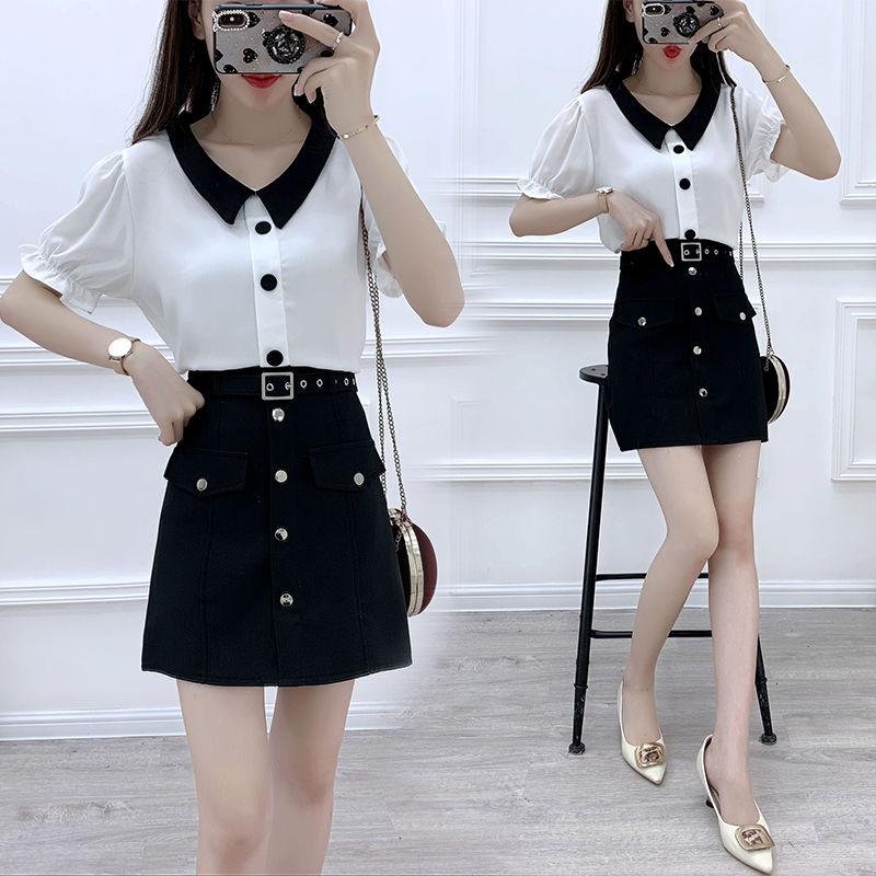 Suit Temperament Long-sleeved Color-blocking Chiffon Shirt High-waist A-line Skirt Two-piece Female V-neck Long-sleeved Shirt + Mini A-line Skirt