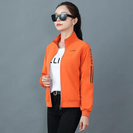 Women's Short Jacket Coat Spring and Autumn Ladies Stand Collar Printed Top Casual Jacket Zipper Sweatshirt