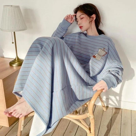 5XL Women's Autumn Winter Cotton Long-sleeved Nightdress Velvet Thickening Cute Sweet Striped Printing Out Wear Homewear Loose Comfortable Nightdress