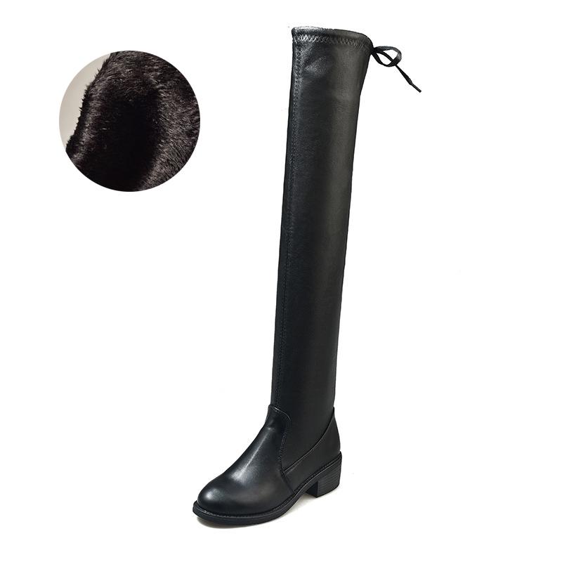 35-42 Size Women Thigh High Flat Boots Black Leather Boots Winter Fall Shoes Velvet Warm Over The Knee Fur Boots