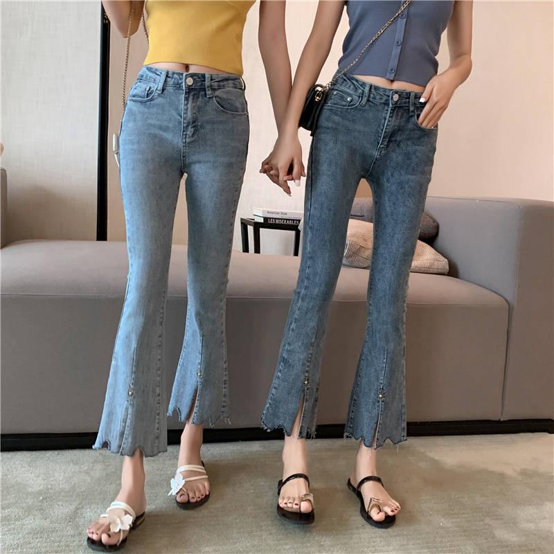 Women Denim Jeans Casual Slim Stretchy Bell-Bottom Jeans Retro Flare Pants Mid Waisted Long Trousers