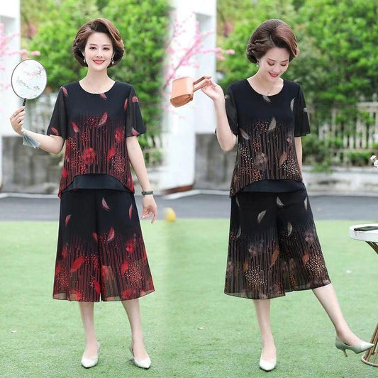 WTEMPO Spring and Summer Women's Plus Size 2pcs Chiffon Shirt Pants Suit Short Sleeve Loose Casual Two-piece Set