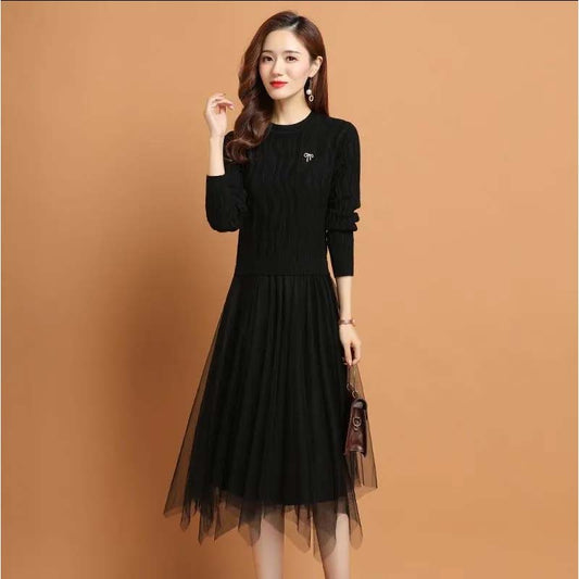 2021 New Female Autumn and Winter Mid-length Fake Two-piece Dress All-match Knitted Bottoming Shirt Inner Dress
