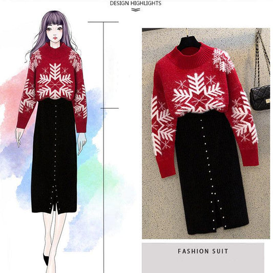 Autumn and Winter Sweater Set Women Snowflake Print Sweater and Mohair Bodycon Skirt Two-piece Set Ladies Christmas Sweater Set
