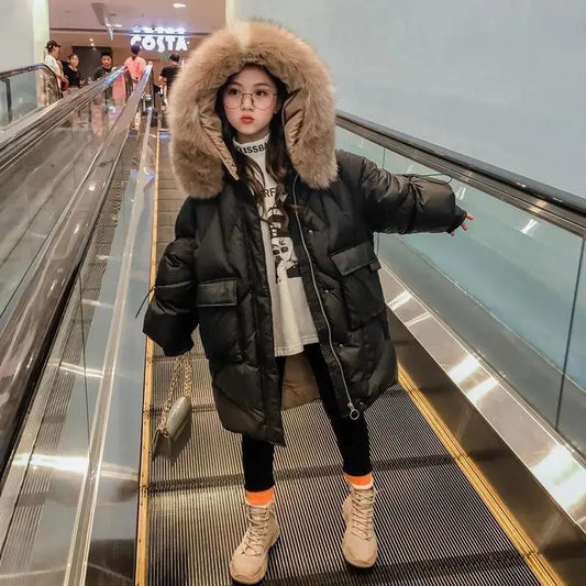 Girls' Down Jacket Mid-length Winter Children's Winter Jacket Warm Clothes with Fur Collar
