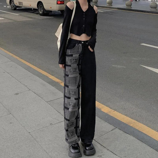 Retro Contrast Color Wide-leg Jeans Women's Spring New Loose Vibe Retro Design High Waist Straight Mop Pants