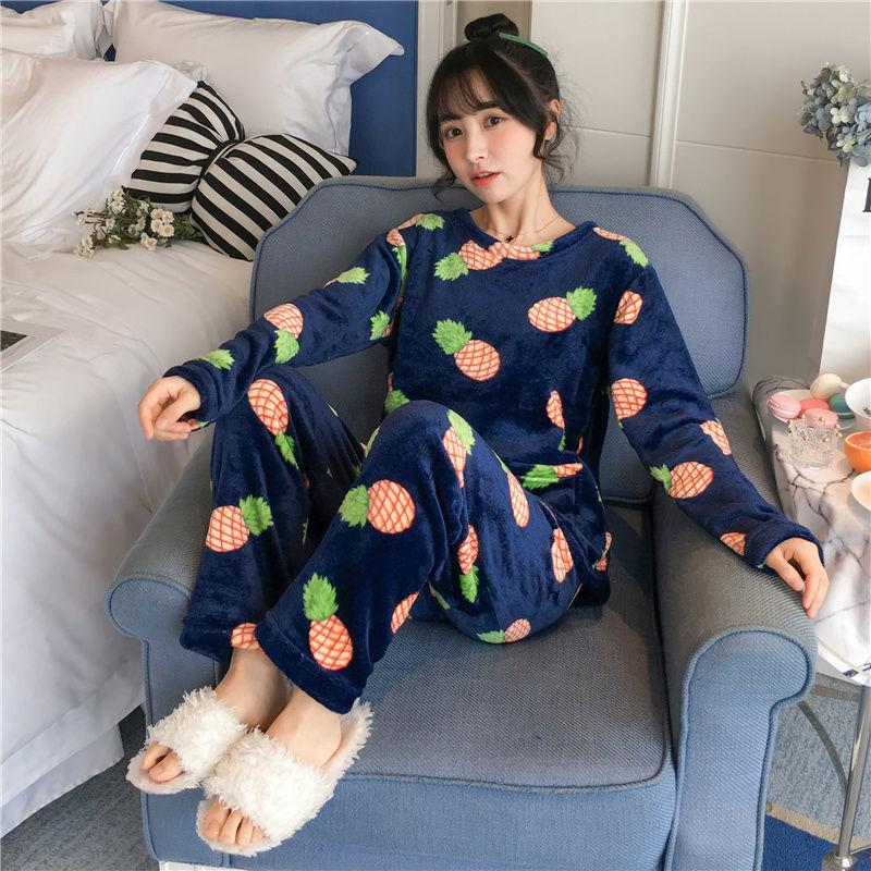 Autumn and Winter Thick Korean Flannel Ladies Pajamas Coral Fleece Loose Casual Cute Plus Size Home Service