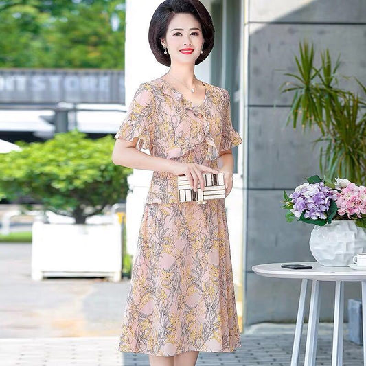 Chiffon Dress Spring Summer Ladies Irregular Over The Knee Long Dress Retro Lotus Leaf Floral Dress Round Neck Short Sleeves