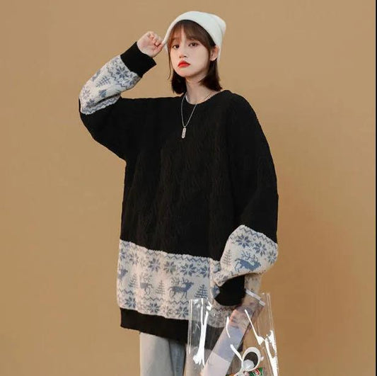 Color-blocking Sweater Women's Japanese Retro Vintaage Knitted Sweater Niche Design Lazy Style Autumn and Winter Outer Threading Sweater