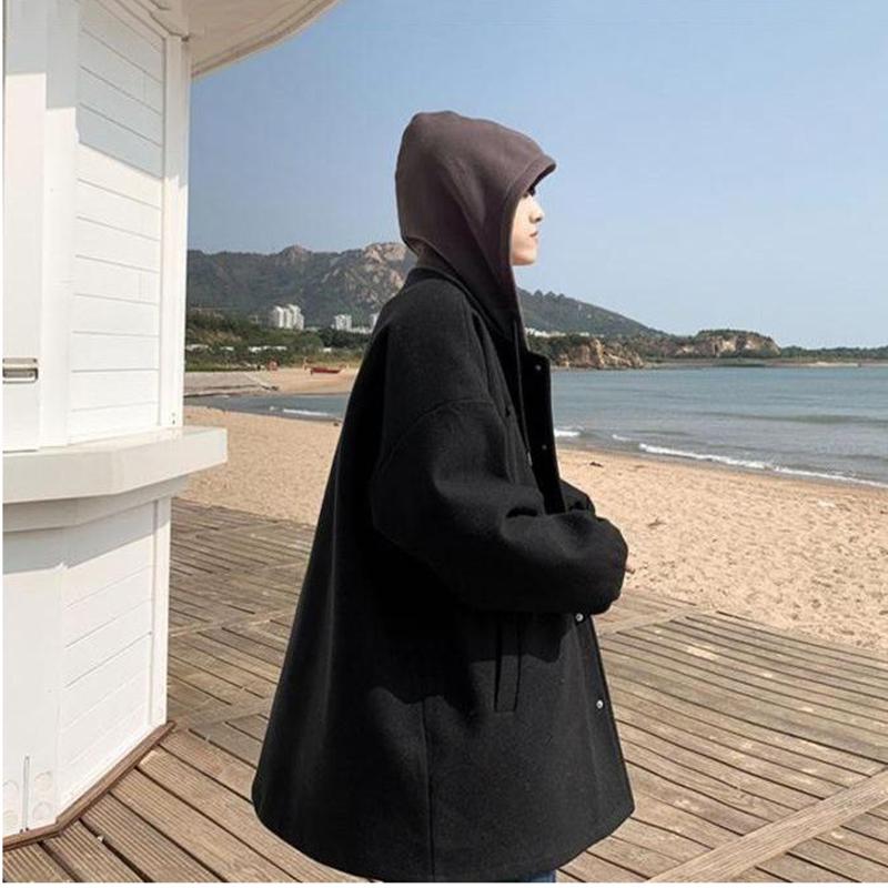 Warm Woolen Coat Mid-length Loose Casual All-match Long-sleeved Hooded Top Coat Men's Temperament Mid-length Windbreaker