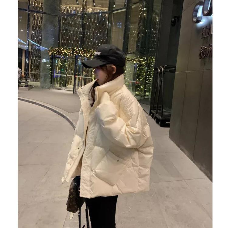 Loose Stand-up Collar Short Down Jacket Women Winter Diagonal Pocket White Duck Down Jacket