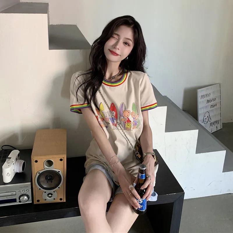 Women's Sweet Round Neck Printed T-Shirt Short Sleeve Summer Loose Top