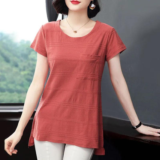 Women's Summer Cotton Short Sleeve Mid Length Round Neck Large Size Solid Color Loose T-Shirt
