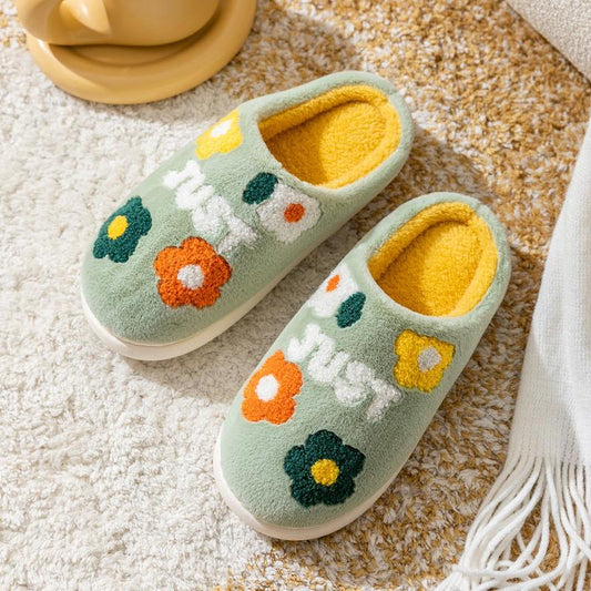 Autumn and Winter Pure Cotton Slippers Flower Pattern Indoor Non-slip Soft-soled Shoes Warm Simple Plush Cotton Shoes