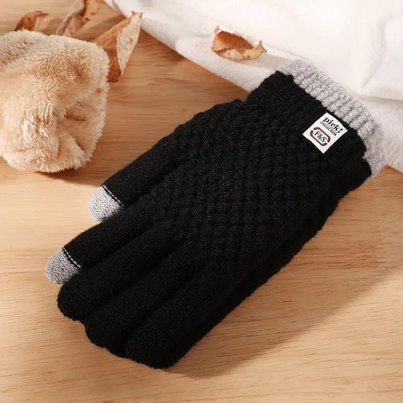 Winter Ladies Knitted Finger Gloves Plus Velvet Thick Warm Cotton Gloves Outdoor Cold-Proof Touch Screen Gloves