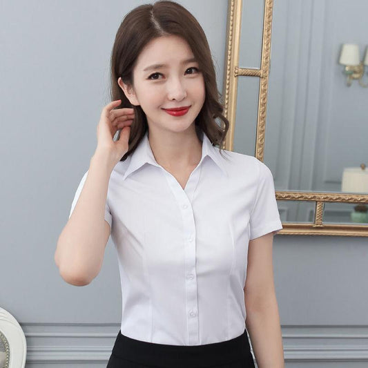 Summer V-neck Professional Shirts Women's Formal Short-sleeved Shirts Workwear Women's White-collar Overalls White Shirts