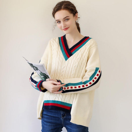 Color Matching V-neck Sweater Coat Women Batwing Sleeve Loose Casual Ladies Asymmetrical Split Hem Pullover Sweater Top