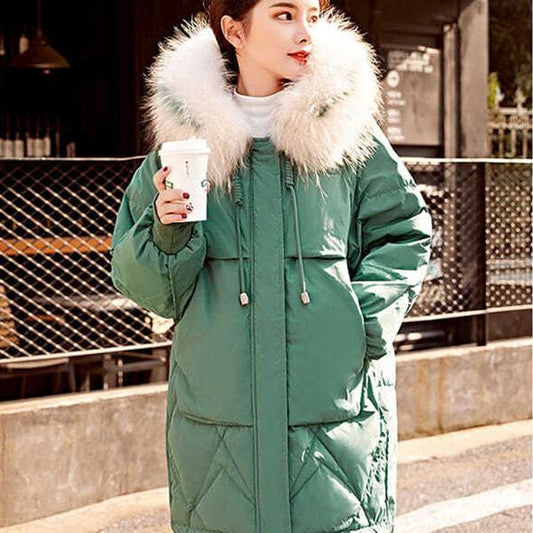 Small Lady Down Padded Jacket Winter Fashion Mid-length Korean Style Padded Jacket Loose Thick Big Fur Collar Padded Jacket