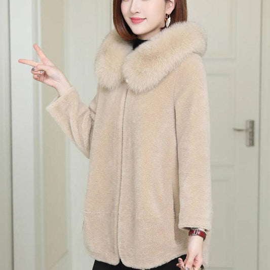 Autumn and Winter Imitation Sheep Shearing Coat Mid-length Lamb Plush Fur Pure Color Simple Female Coat