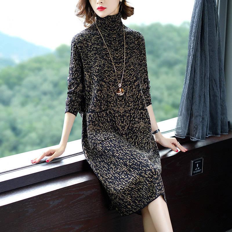 Autumn Winter Loose Knit Dress Female Long Plus Size Sweater Dress Turtleneck Pullover Sweater Dress with Pockets