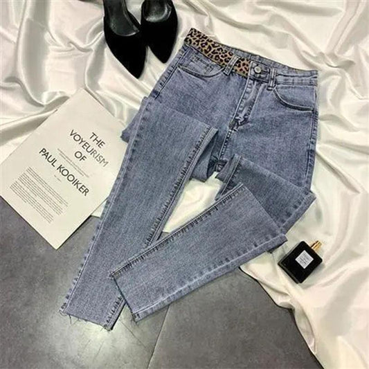 Women's Leopard Print Blue Gray Jeans Women's Spring and Autumn High Waist Thin Ninth Pants Skinny Pants Student Pencil Pants