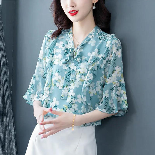 Women's Floral Blouse Lace-up Summer V-neck All-match Short-sleeved Chiffon Shirt